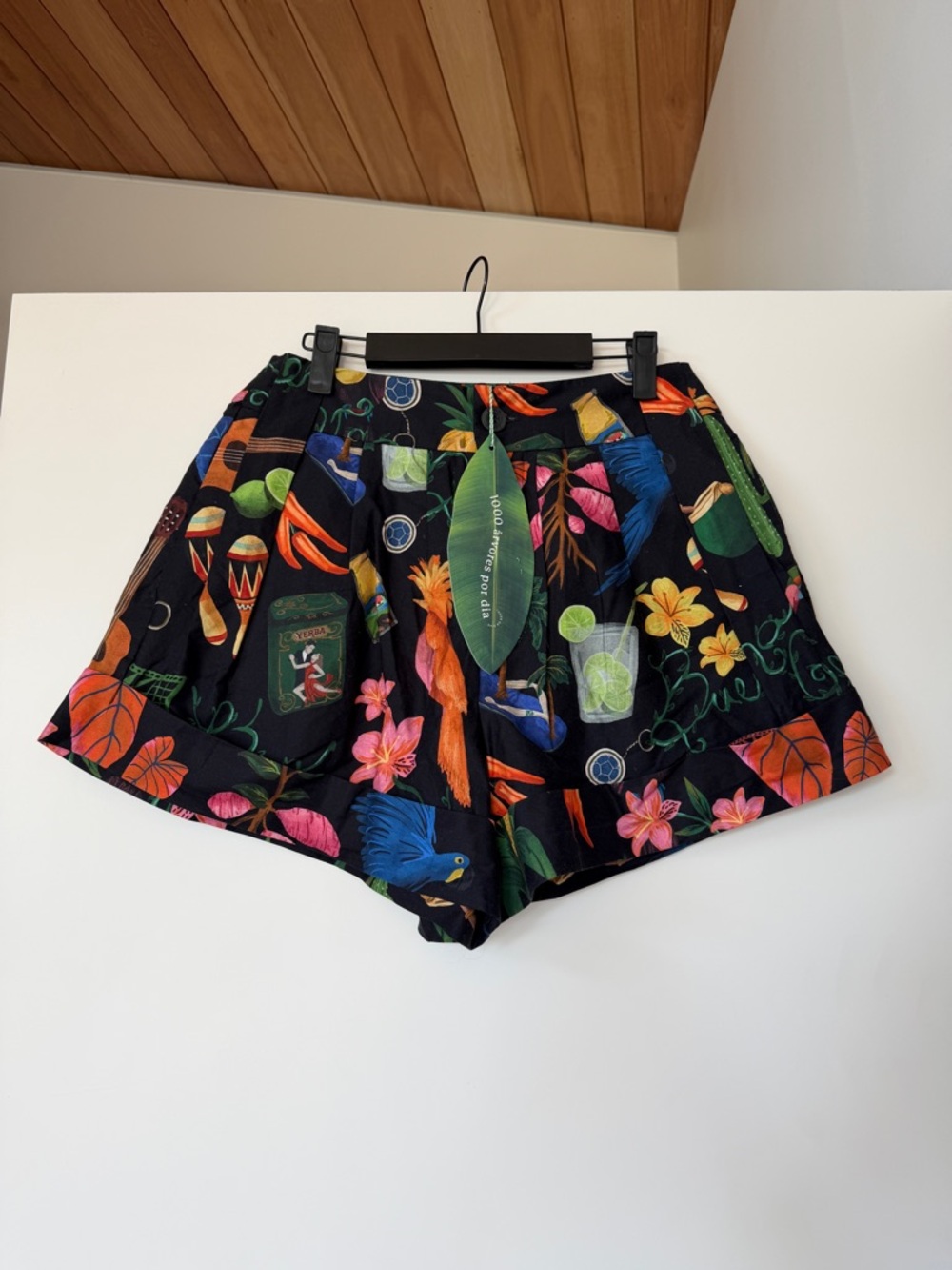 FARM Rio Black Tropical-Print High Waist Shorts with Multi-Color Motifs